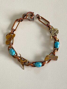 Renoir Vintage Solid Copper Western Charm Bracelet Faux Turquoise Cowboy Link